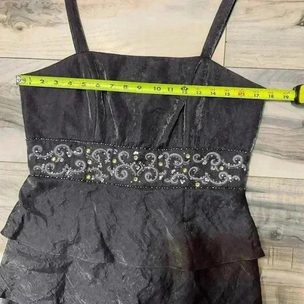 R&M Richards Tiered Embellished Dress Dark Gray Metallic Tank Dress back zip and - Picture 7 of 8